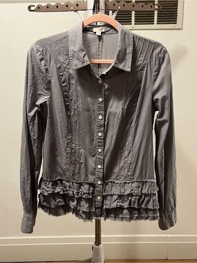 Anthropologie Odille Gray Ruffle-Hem Button Down Shirt size 8